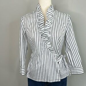 Per Se Women's Black & White Stripe Ruffle Trim Wrap Blouse